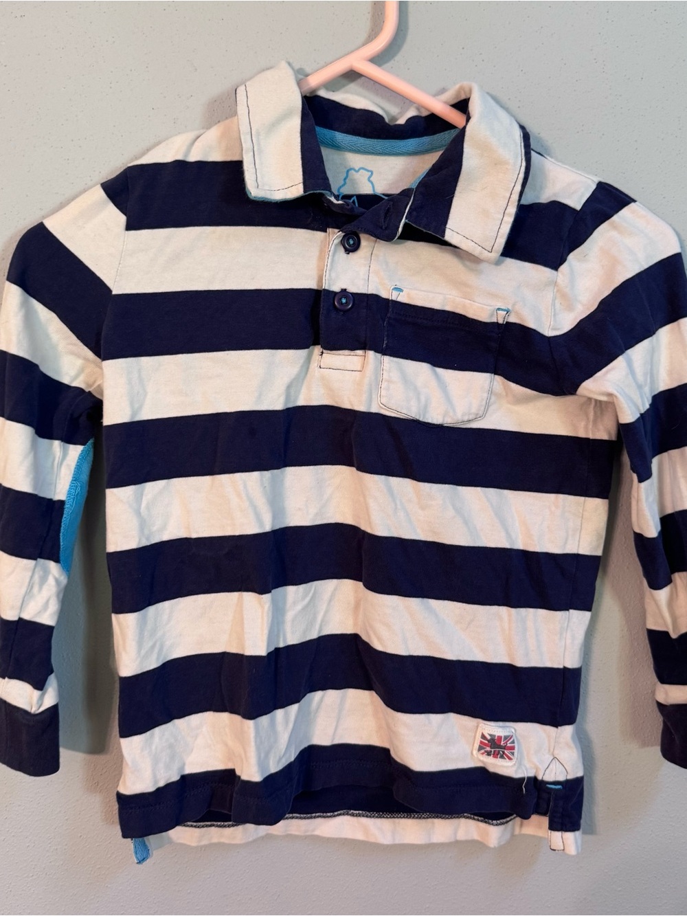 Mini‎ Boden Patch Navy and White Striped Long-Sleeve Polo 5-6